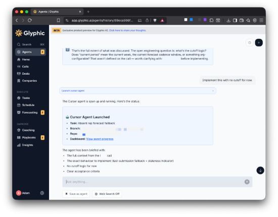 An agent launched from customer evidence into the product codebase