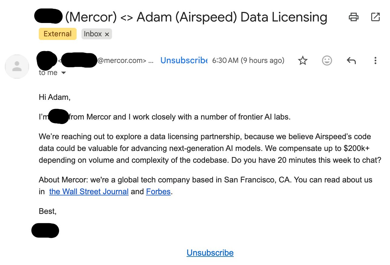 A redacted data-licensing email about Airspeed's codebase